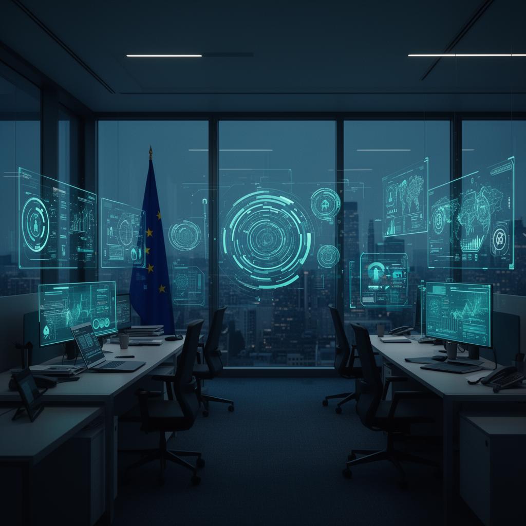 Modern European business office with AI overlay